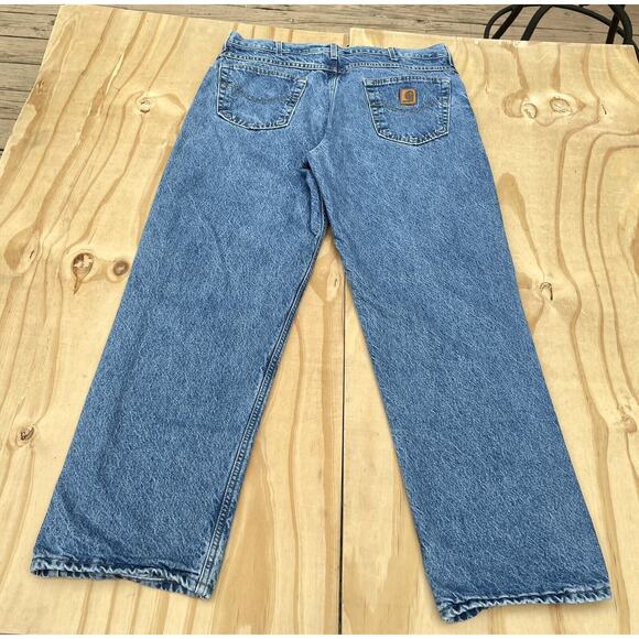 VINTAGE Carhartt Flannel Lined Dungaree Jean's Men's Blue and Plaid SIZE 38x32 - Picture 6 of 7